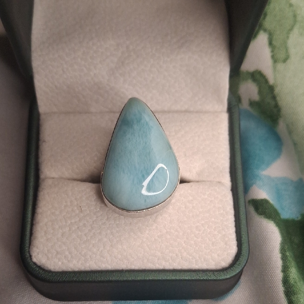 LARIMAR Teardrop Blue Gemstone Ring - Silver Setting